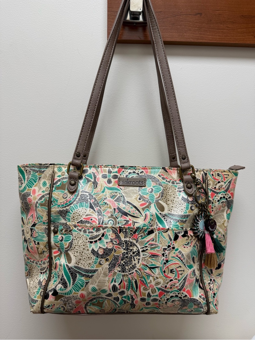 SAKROOTS Coated Canvas Floral Aqua Pink Tan MEDIUM SATCHEL PURSE with Charms EUC